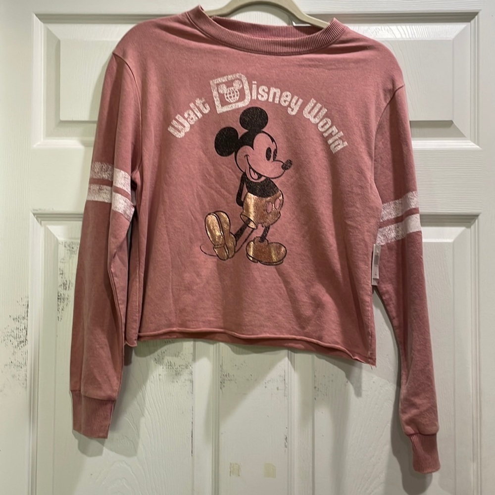 NWT! Disney Parks Walt Disney World Rose Gold Mickey Mouse Crop Sweatshirt XS